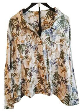 Da-sh Tropical Print Linen Blend Jacket 2X Blue Green White Palm Leaf